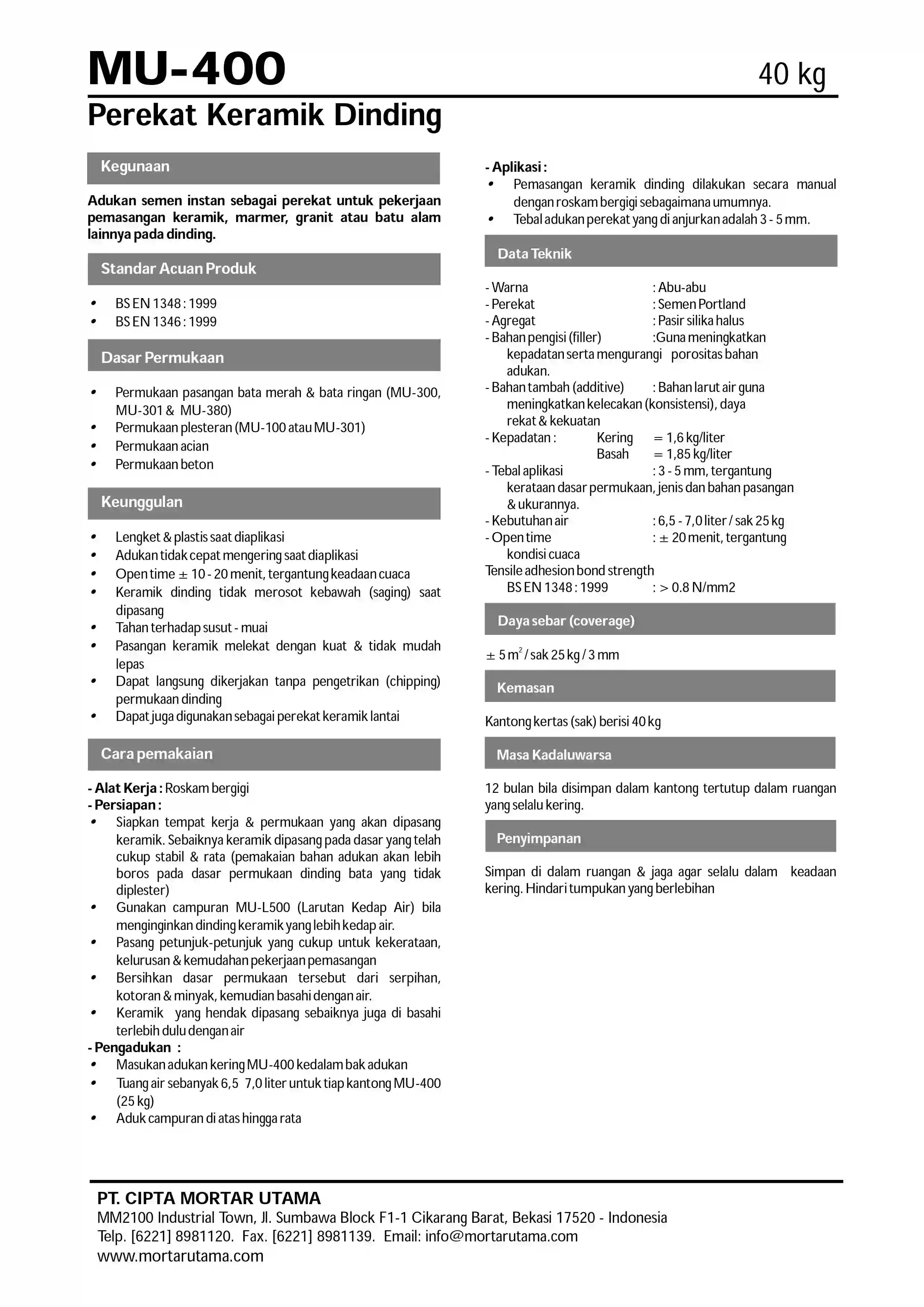 spesifikasi mortar utama perekat keramik